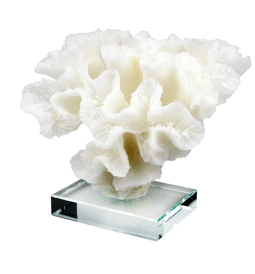 

White Coral Flower Statue on Transparent Glass Base Home Decor Stylish Decorative Accent