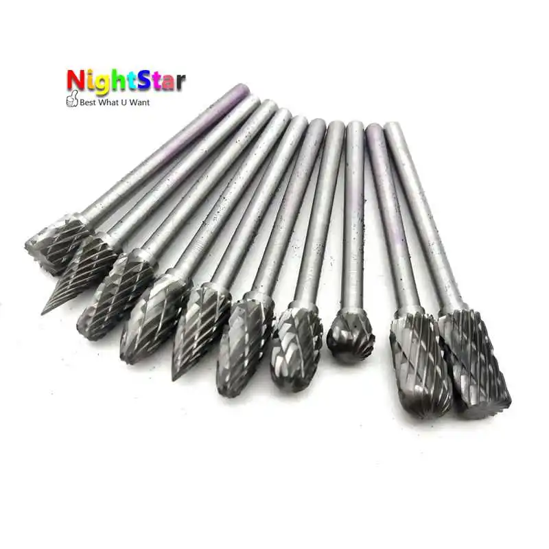 

10pcs 6mm 1/8" Shank Tungsten Carbide Milling Cutter Rotary brocas com escareador hss steel cone drill set diamond drill w/box