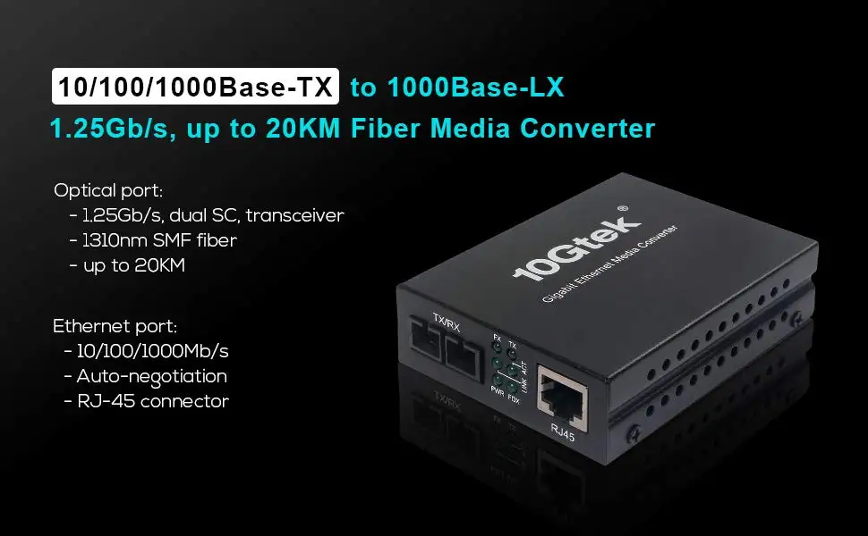 20 км SC в RJ45 Gigabit Ethernet медиаконвертер, одномодовый двойной SC волокно, 1000Base-LX в 10/100/1000Base-Tx, 1310nm SMF