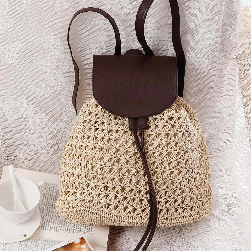 Women Backpack Drawstring Female Fashion Straw Bag Summer Beach INS Popular Lady Weave Back Pack Bag Large Travel Mochila BP3002 (6)