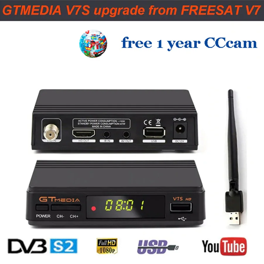 Hot DVB-S2 Freesat V7 hd With USB WIFI FTA TV Receiver gtmedia v7s hd power by freesat Support Europe cline Network Sharing - Цвет: With USB WiFI