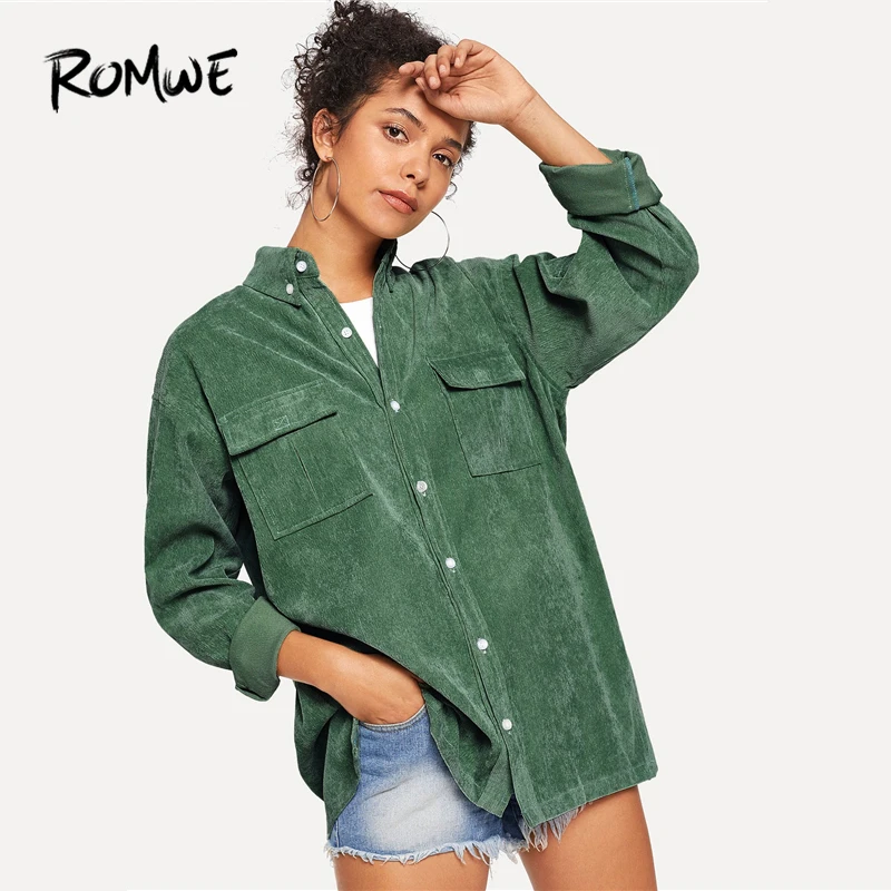 incredible  ROMWE Green Button Pocket Detail Single Breasted Solid Coat Women Casual Fall Plain Long Sleeve Clo