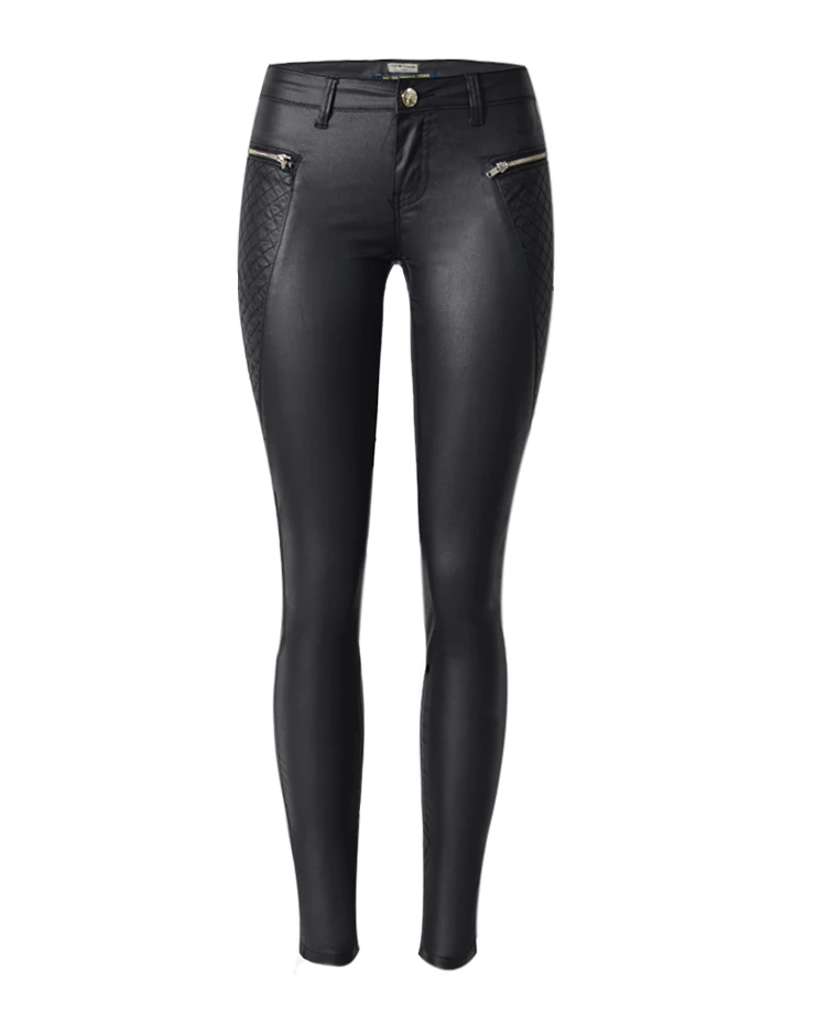 Кожа джинсы для женщин середины талии имитация покрытием из искусственной кожи узкие брюки карандаш Байкер Девушка молния брюки в полоску Push Up Pantalon Femme - Цвет: Black