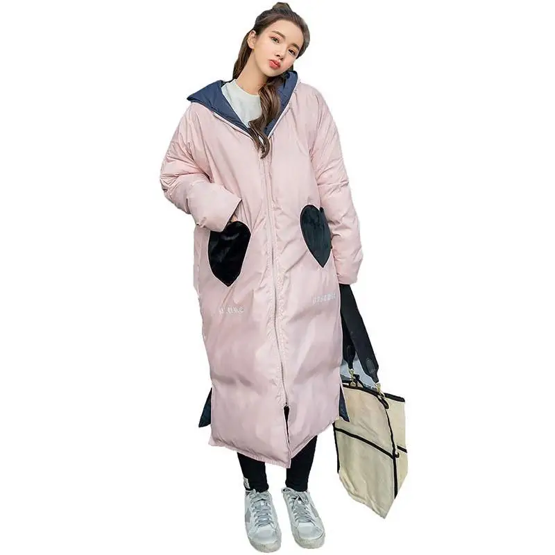 

High Quality New Women Winter Hooded Long Warm Thicken Jackets Female Loose Heart Coat Two Sides Can Be Wear Parkas Outwear B103