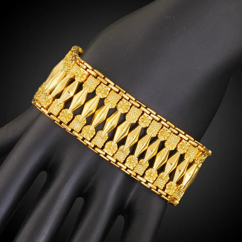 

25MM Wide Geometric Patterned Bracelet Dubai Gold Filled Middle East Arab/African/Ethiopian Thick Bangle 20cm