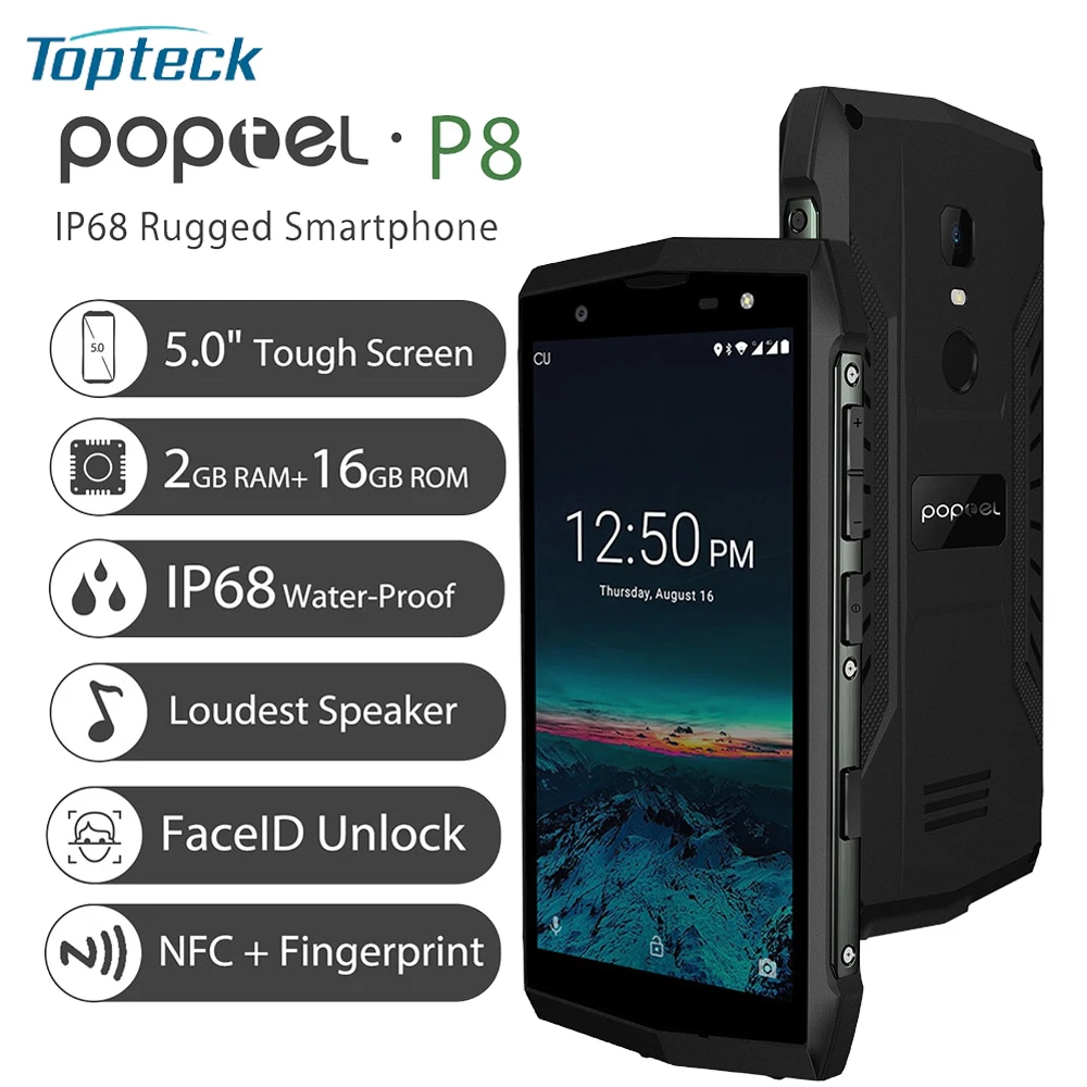 POPTEL P8 4G LTE прочный телефон IP68 Водонепроницаемый Пылезащитный для лица ID 5,0 дюймов 3750 мАч Android 8,1 16 Гб NFC 5MP+ 8MP смартфон