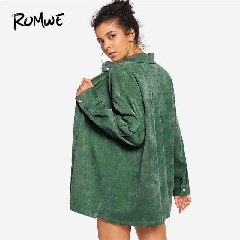 incredible  ROMWE Green Button Pocket Detail Single Breasted Solid Coat Women Casual Fall Plain Long Sleeve Clo
