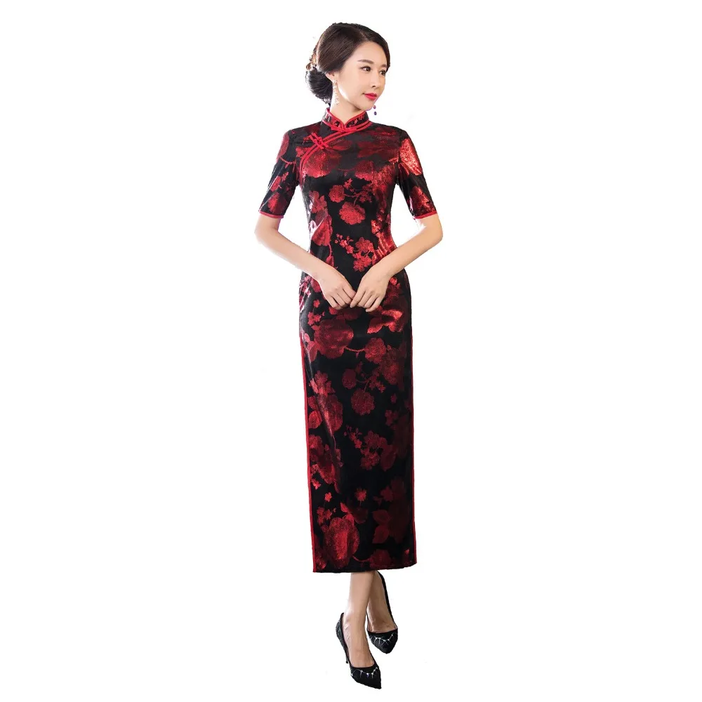 Шанхай история осень 2019 г. новая распродажа для женщин Цветочный Qipao бархатное китайское платье с разрезами по бокам и воротником-стойкой