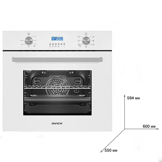 Электрический духовой шкаф с конвекцией AVEX HM 6170 W, белое стекло фасад(дисплей, стеклянный фасад, 7 функций, обьем 56л, кольцевой нагрев.элемент, утапливаемые ручки, тангенциальное охлаждение, конвекция, гриль