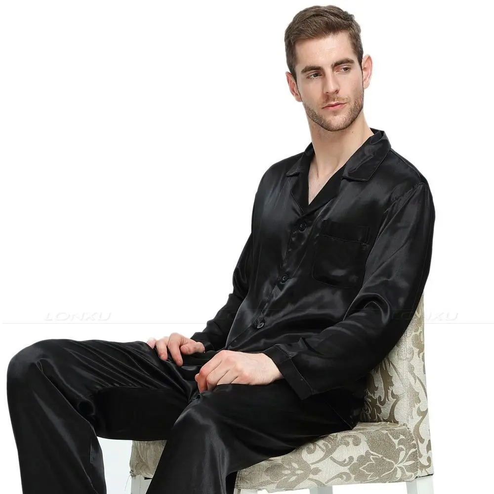 Мужская шелковая атласная пижама, набор пижам, домашняя одежда S~ 4XL - Цвет: Black