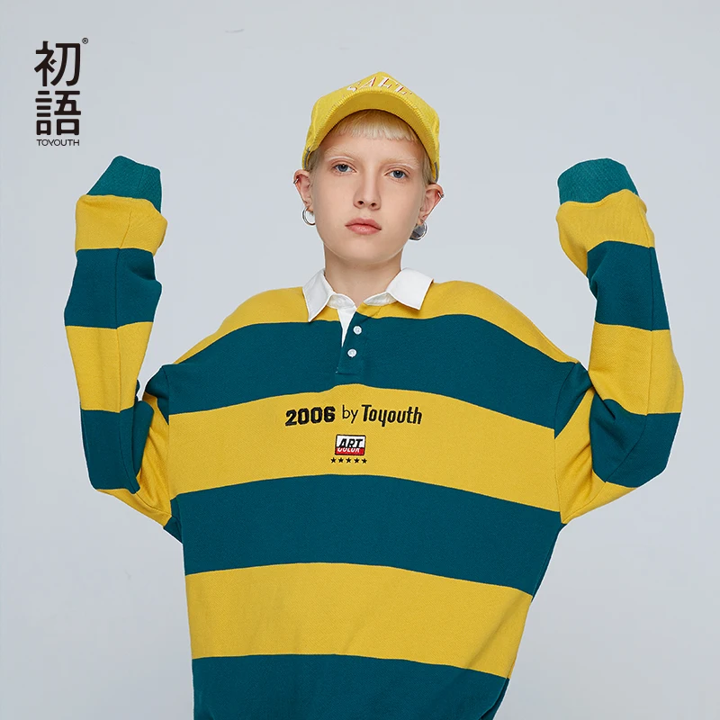

Toyouth Letter Embroidery Striped Sweatshirt Women Long Sleeve Pullover Loose Casual Jumper Female Sweatshirt Tops Sueter Mujer