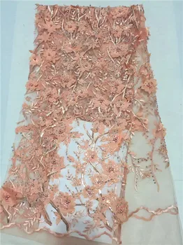 

Glod lace fabric guangzhou bridal tulle 3d lace fabrics with Stone Beads chantilly lace fabric in dubai for wedding dress peach