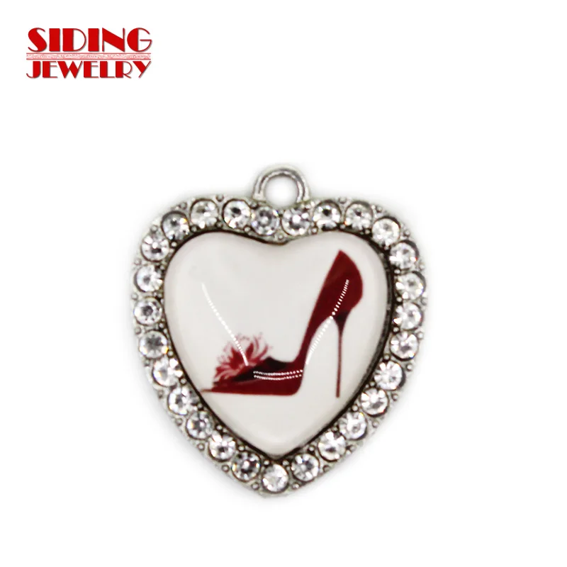 

2018 New Arrival 10pcs/lot High Heeled Shoes 14 Crystal Heart Dangle Charm DIY Bracelet Necklace Pendants Jewelry Hanging Charms