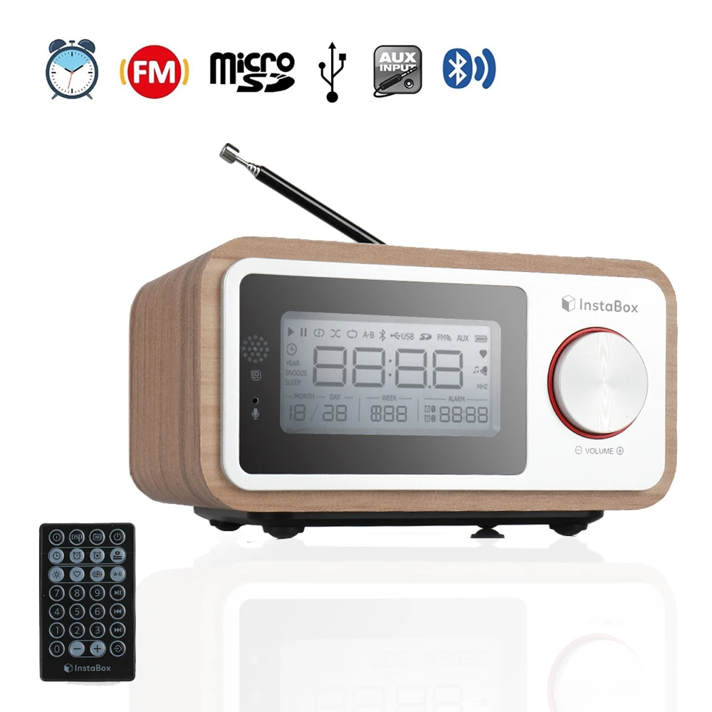 

InstaBox i30 Wooden Clock Radio Portable Retro Bluetooth Speaker Digital FM Radio Multi-Functional MP3 Player Supports Micro USB
