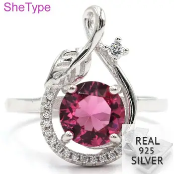 

SheType 3.6g Pink Tourmaline White CZ Gift For Girls 925 Solid Sterling Silver Rings 20x12mm