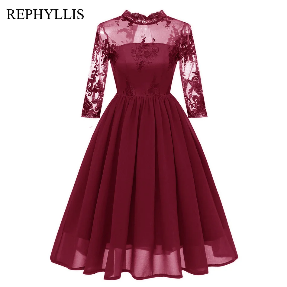 

REPHYLLIS Women O Neck 2/3 Sleeve Chiffon See Through Little Backless Wedding Guest Party Celebration Prom Evening Swing Dress