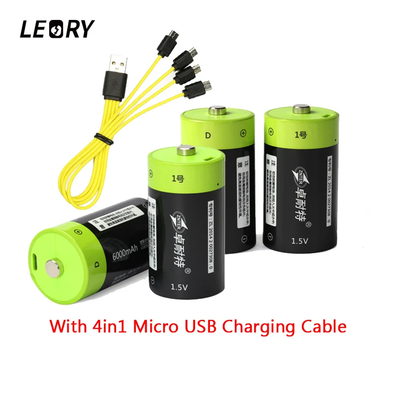 LEORY 4pcs lot Znter 1 5V 6000mAh D Size Lithium USB Rechargeable Battery With USB Charging