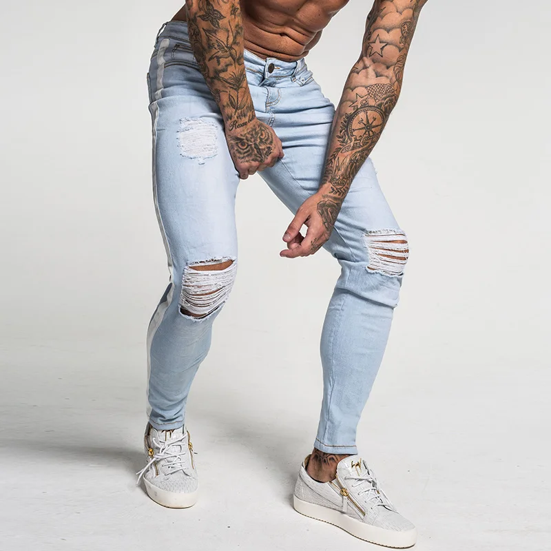 

Gingtto Skinny Jeans For Men Distressed Stretch Jeans Ice Blue Ripped Skinny Jeans Slim Fit Dropshipping Supply Tape Design zm27
