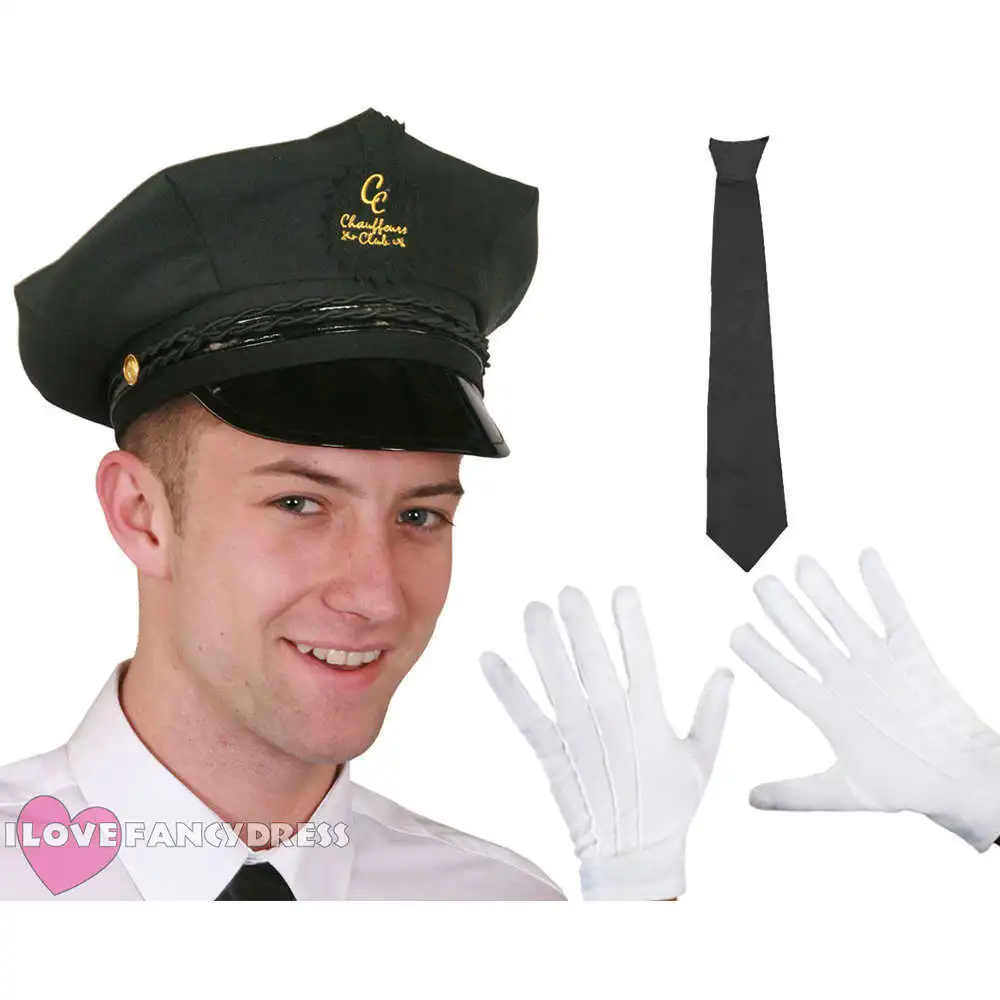 Mens Chauffeur Hat Limo Driver Black Peaked Cap Fancy Dress Costume