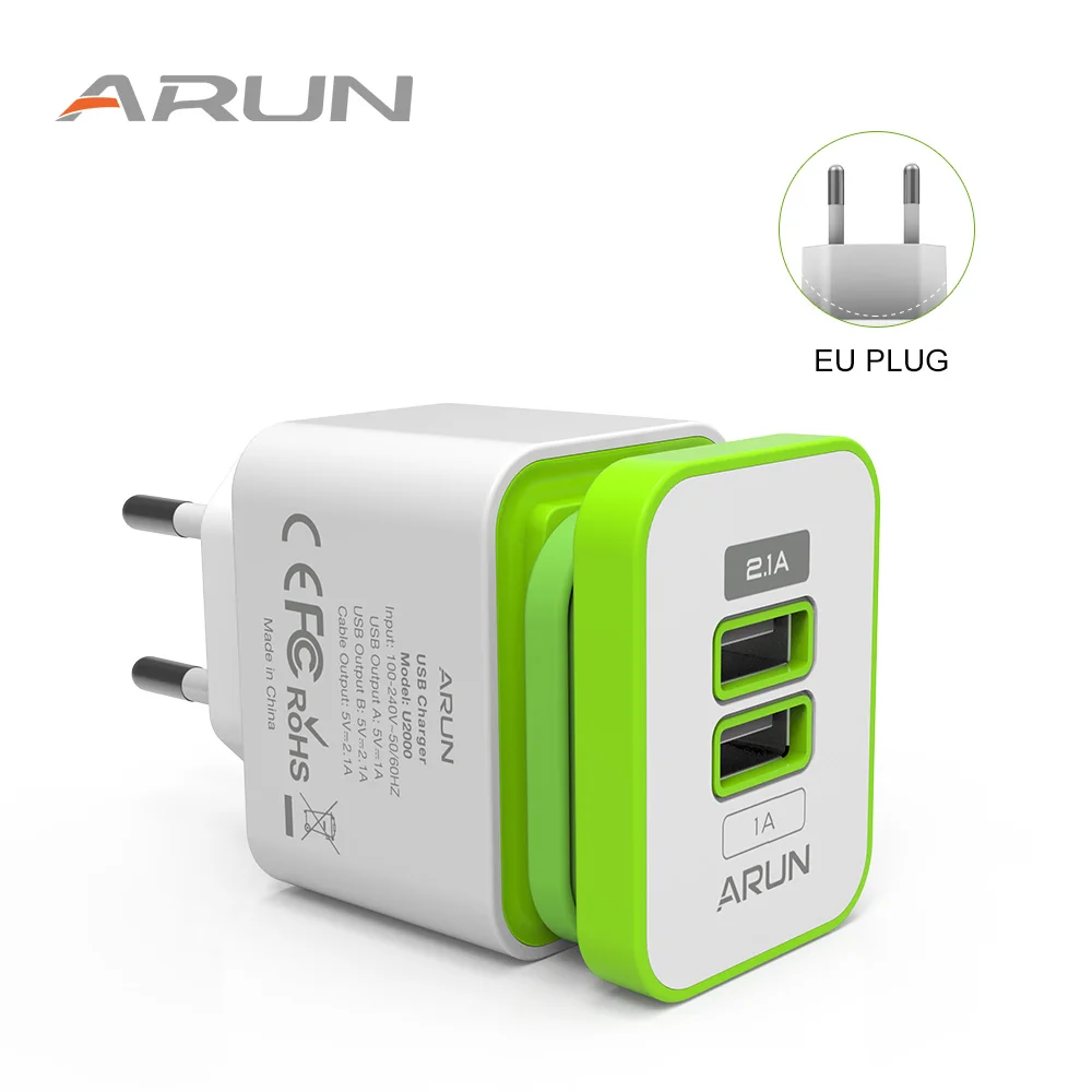 

ARUN Universal 2 USB Quick charge 5V 2.1A for Iphone 7 8 EU US Plug Mobile Phone Fast charger charging for Samsug s8 s9 Huawei