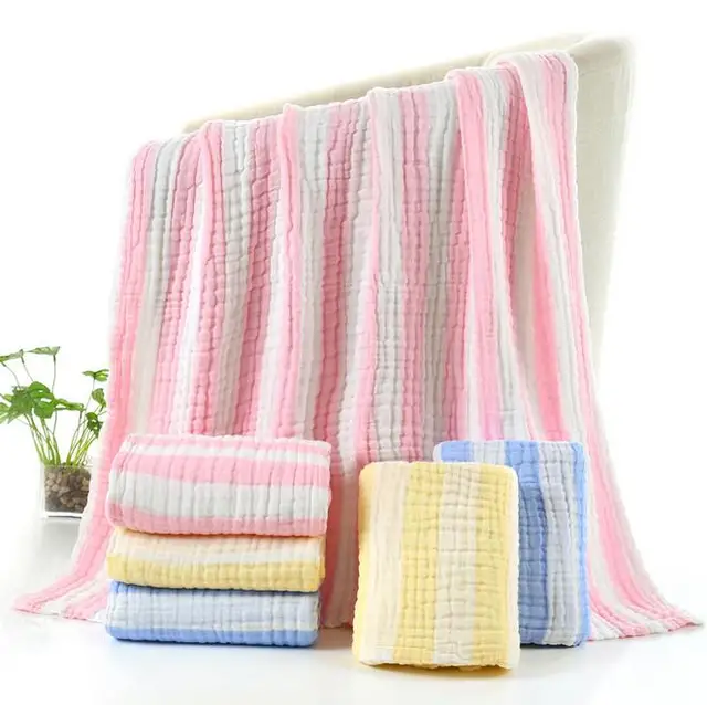 105x105cm 100 cotton soft pink blue yellow striped 6 layer gauze