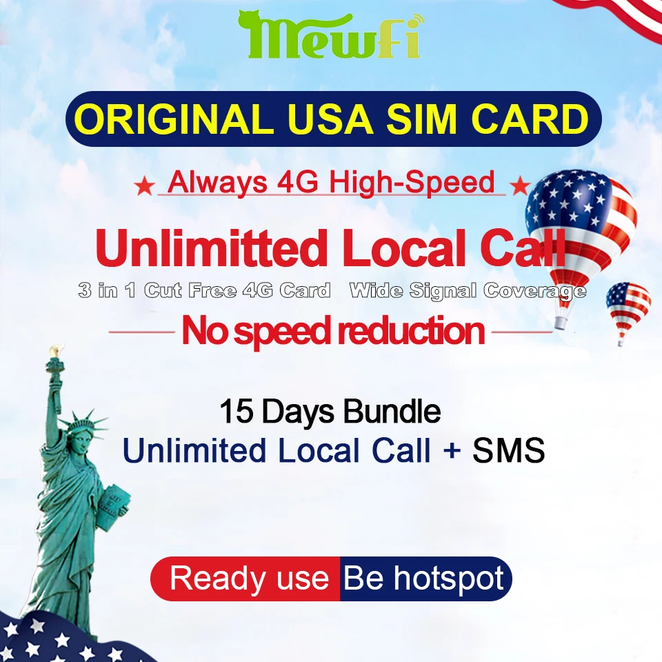 

Mewfi North American Travel Sim Card 15 Days Unlimited Local Call&SMS 200GB USA Data Include 5GB Mexico&Canada T-Mobile Sim Card