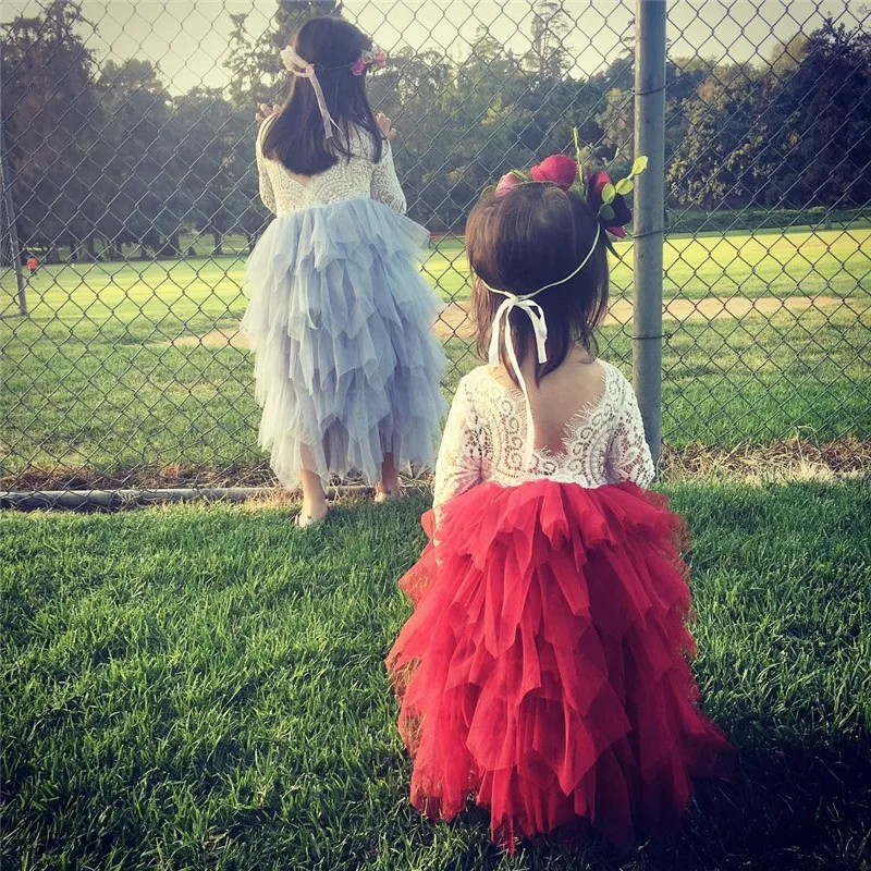 Симпатичные для маленьких девочек кружева с длинным рукавом лоскутное бальное платье вечерние Нарядные платья размер для 1–6 лет