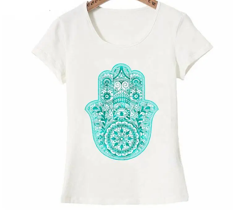 

New Summer Women t-shirt Turquoise Hamsa Hand Watercolor T-Shirt Cute Girl Simple Casual Tops Woman Tees