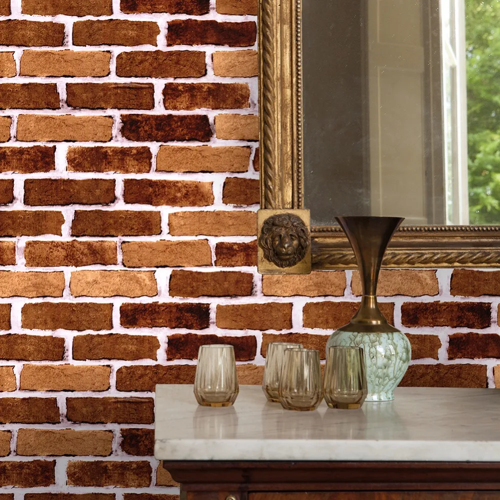 

HaokHome Modern 3d Brick Stone Wallpaper Orange Self Adhesive Peel Stick Contact paper living room Kitchen Home Wall Decoration