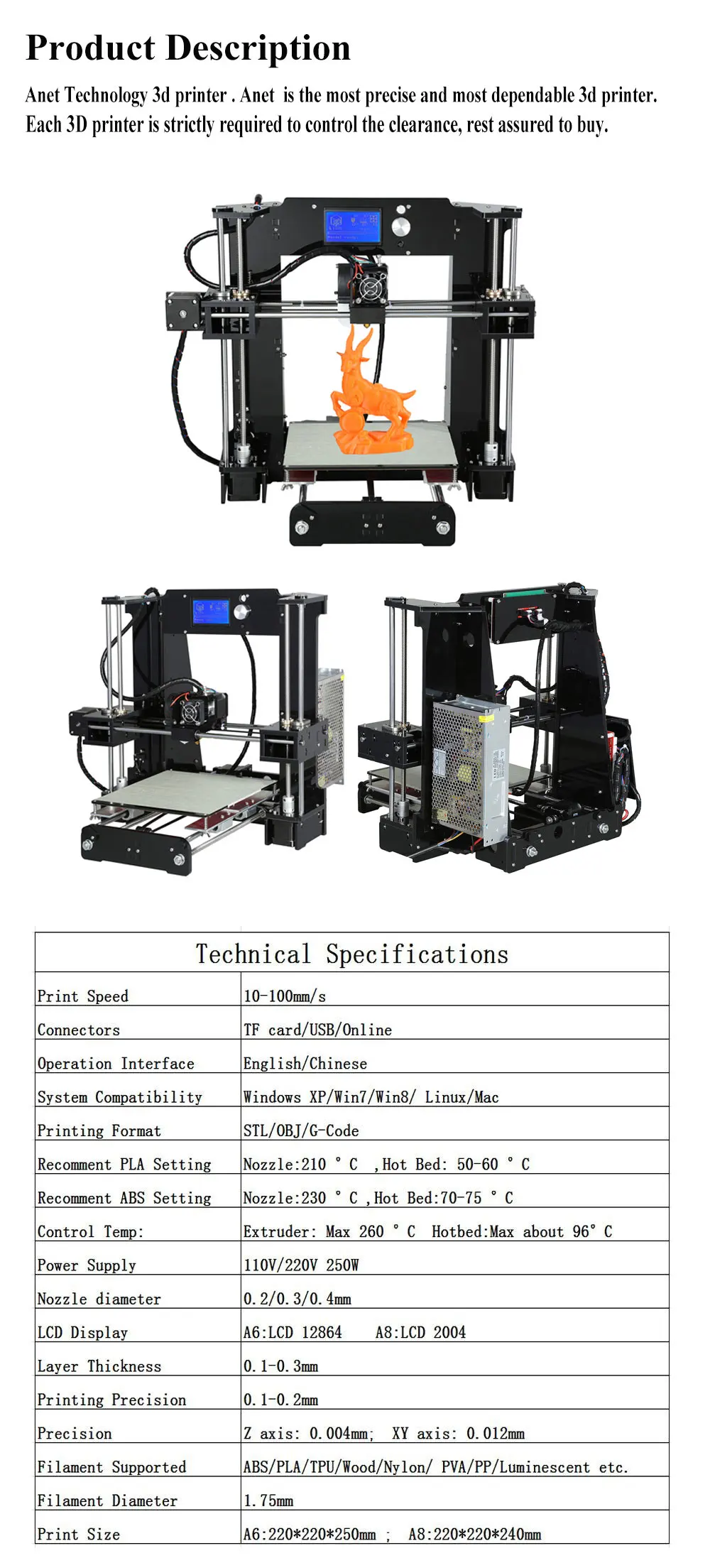 Anet A6 A8 A2 A8 PLUS Impresora 3D принтеры высокая производительность легко собрать большой размер подарки на день рождения Reprap i3 DIY принтеры SD карты