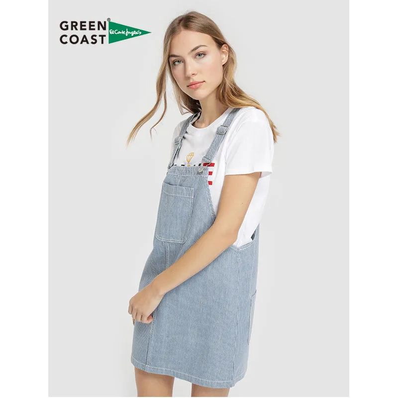 Green Coast Pichi Vaquero de Mujer de Rayas Estampado Liso Mangas Tirantes  Ajustables 100 % Algodón Color Azul de Rayas Bolsillo Frontal Casual Summer  Dress Moda Mujer Peto Casual Nueva Temporada El