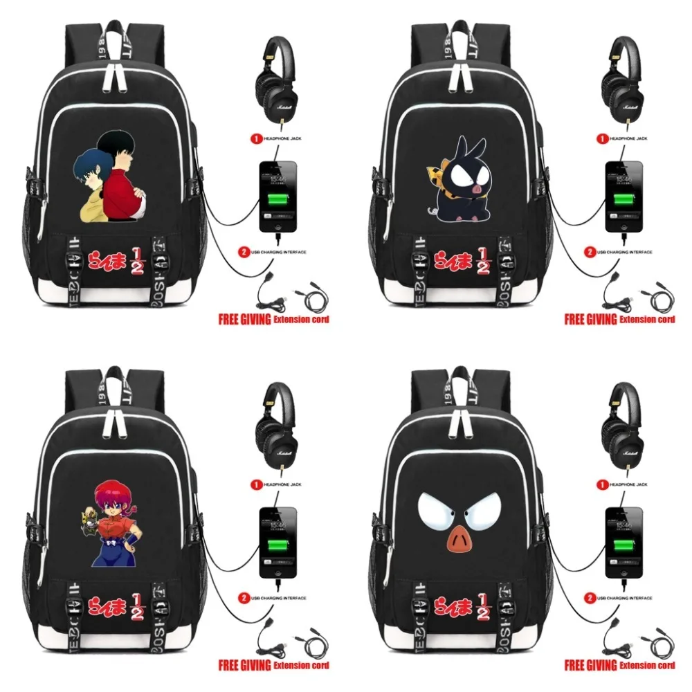 

anime Ranma 2 backpack multifunction USB charging Headphone jack bag Men women's travel Casual backpack School Bags 6 style