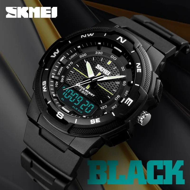 SKMEI спортивные водонепроницаемые часы с двойным дисплеем три раза электронные часы мужские военные часы с люминесцентным замком Relogio Masculino