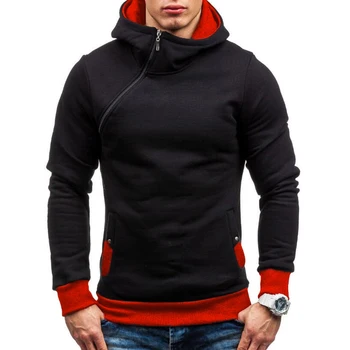 

Men's Autumn Winter Color Block Slanted Zipper Hoodie Warm Hooded Sweatshirt