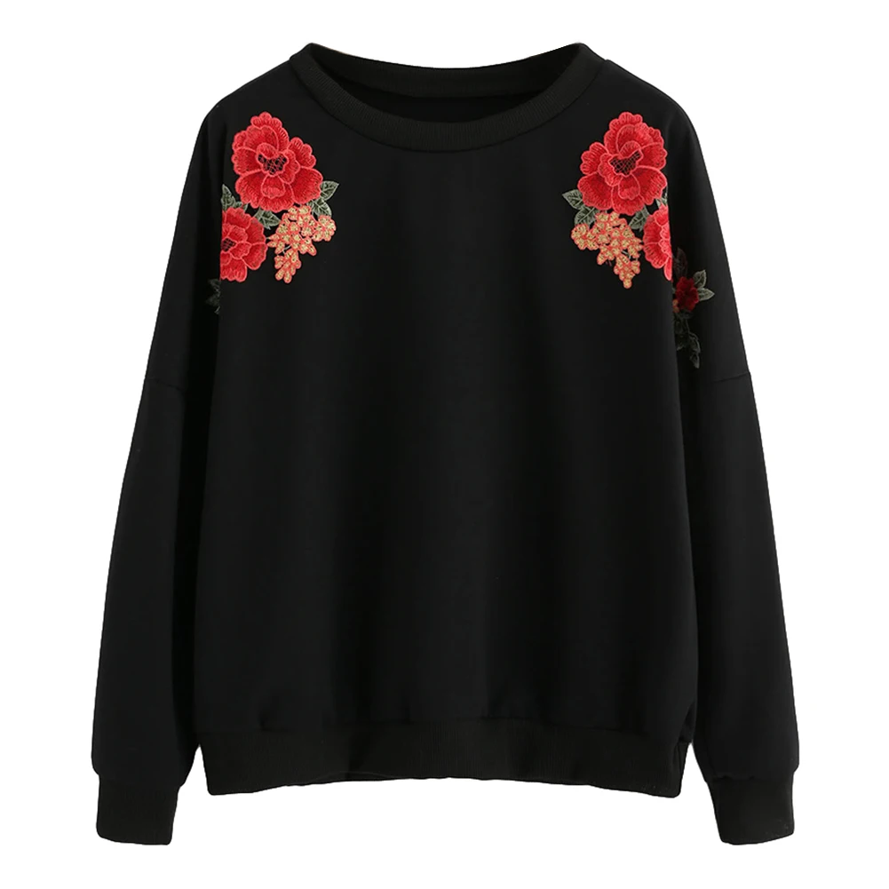 Lady Fashion Embroidery Flower Pullover Casual Long Sleeve Round Neck ...