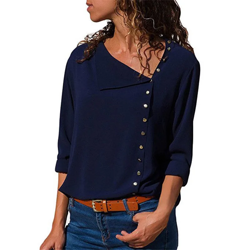 Шифоновая Блузка, модные женские блузки с длинными рукавами и топы, однотонная офисная рубашка, повседневные топы, шифоновые Блузы - Цвет: Navy Blue