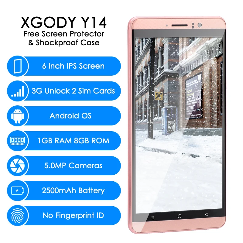 XGODY Y14 6 inch 3G Smartphone MT6580 Quad Core 1GB RAM 8GB ROM Android 5.1 Mobile Cell Phone Unlock Dual SIM 6.0 Inch WiFi GPS