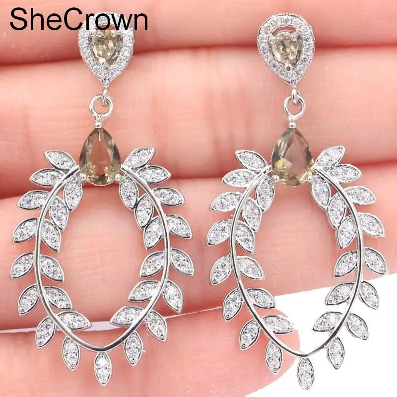 

SheCrown 2019 New Designed Created Smokey Topaz Gift For Girls Silver Earrings 44x22mm