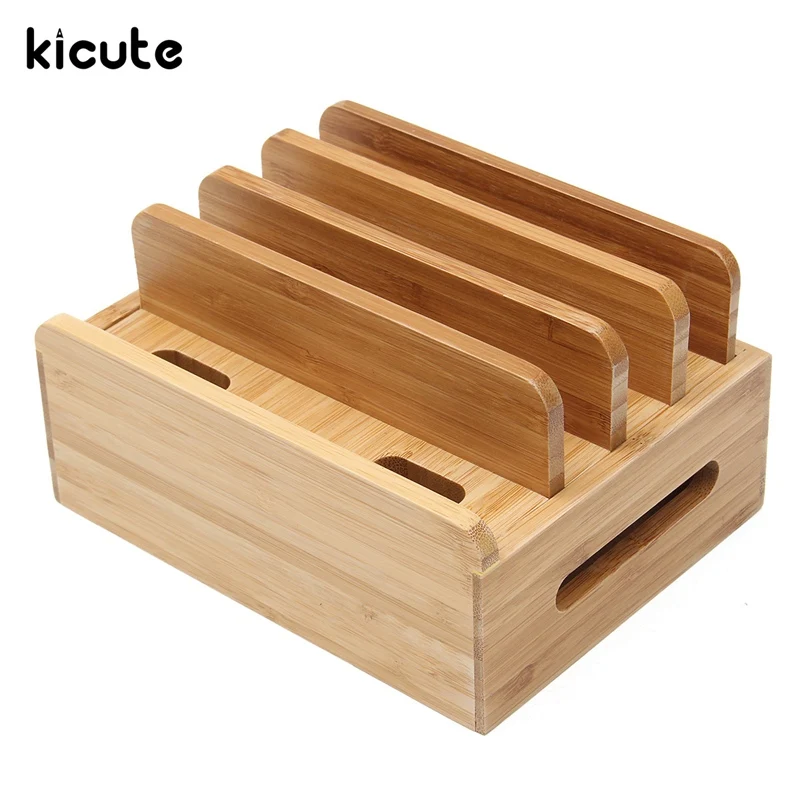 Kicute Multifunction Bamboo Charging Dock Stand Holder Organizer For Book Pen Holder Desktop Supply Home Office School Supply