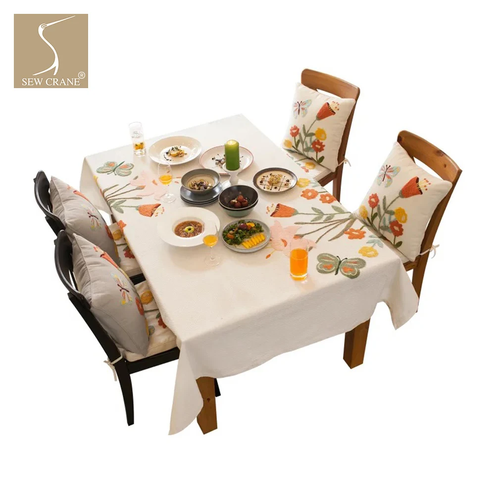 SewCrane Flying over Flower Field Embroidered Decorative Tablecloth | Дом и сад