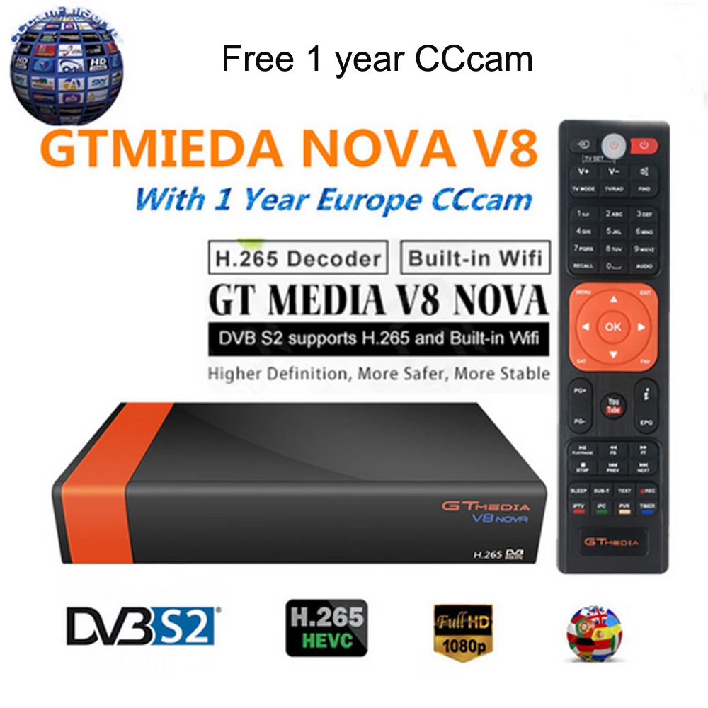 

GT Media V8 Nova RCA DVB-S2 Satellite Receiver H.265 built-in WIFI +1 Year Europe Spain CCcam TV Box New Version of V8 Super