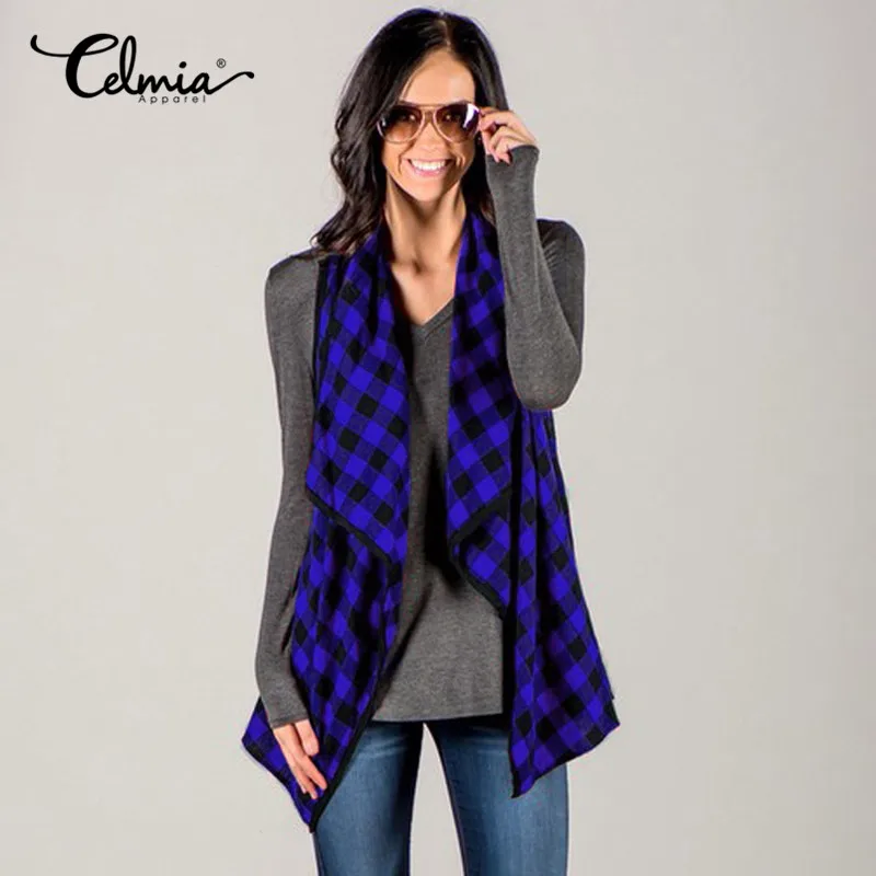 Vest Women Gilet Check Plaid Waistcoat Celmia 2018 Autumn Chaleco Mujer Colete Sleeveless Jacket Cardigan Outwear Coat Plus Size