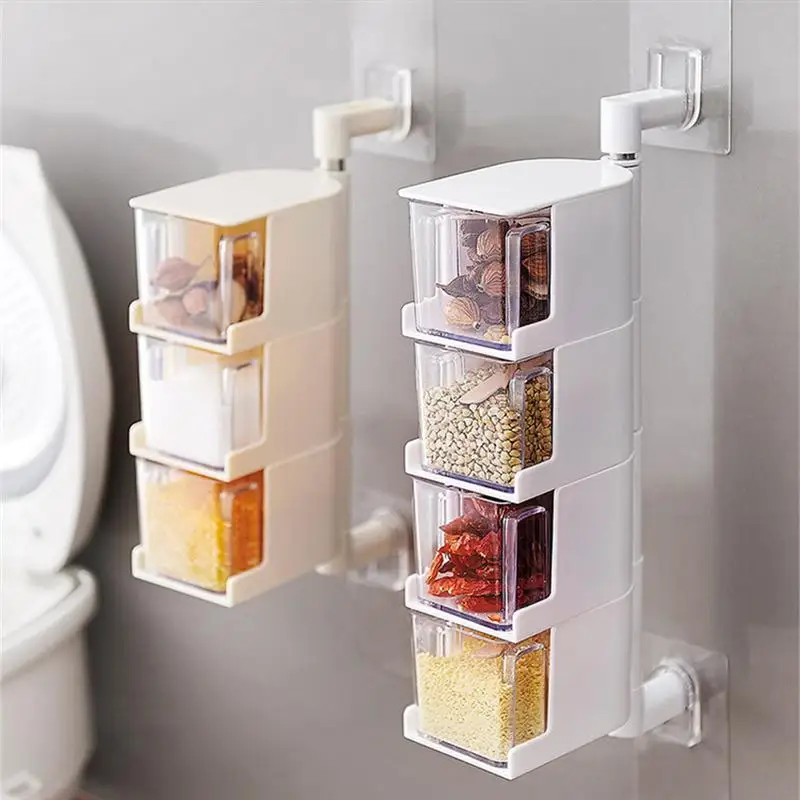 

Multi-Tier 360 Degree Rotating Wall Mount Spice Rack Seasoning Storage Box Jars Organizer Condiment Containers Kitchen Tools