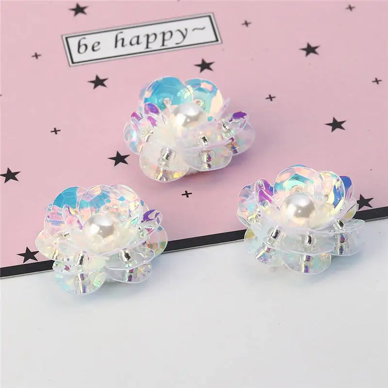 

5 PCs Plastic & Cotton Appliqued Patches Sequined Imitation Pearl AB Color DIY Craft Flower Shape Garment Accessory 26mm x24mm