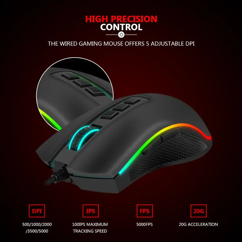 Проводная игровая мышь Redragon M711 COBRA, RGB светодиодный, с Цветной подсветкой, 16,8 миллионов Chroma, 10000 dpi, 7 программируемых кнопок, геймер для Dota
