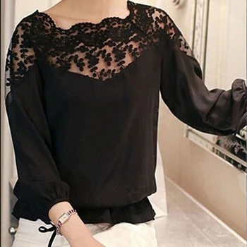 

Women Fashion Hollow Out Lace Three Quarter Sleeve Casual Loose Top Blouse