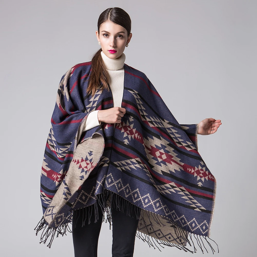 Для женщин Чешский кисточкой ромб шарф плащ Длинный пончо пальто шаль