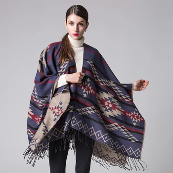 

Women's Bohemian Tassel Rhombus Scarf Cloak Long Poncho Cape Outwear Coat Shawl