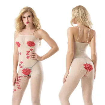 

Red Flower Printed Jumpsuit Sexy Women Sexy Lingerie Erotic Costume Nightclub Singer Show Dance Outfit Romper Stretch Bodysuit