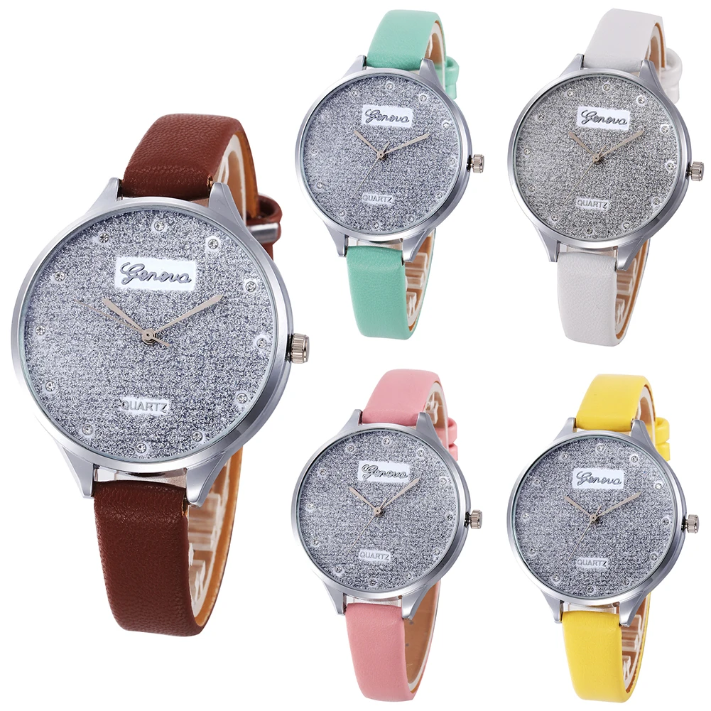 

Candy Color Faux Leather Slim Band Glitter Dial Shiny Rhinestone Women Watch